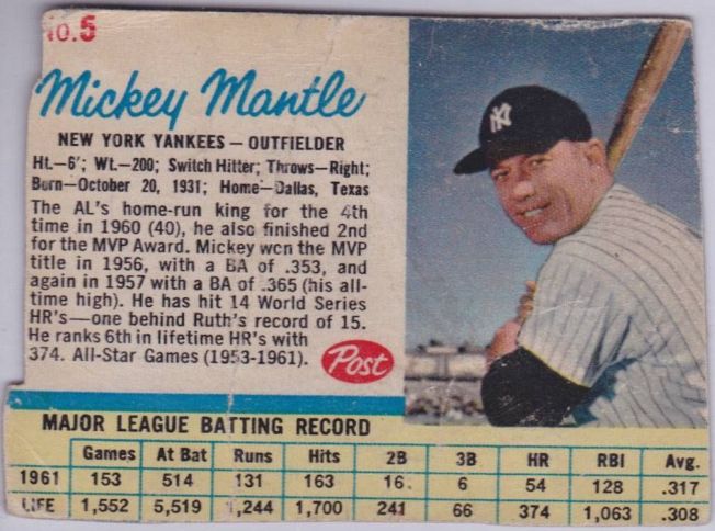 1962 Post Canadian 5 Mickey Mantle