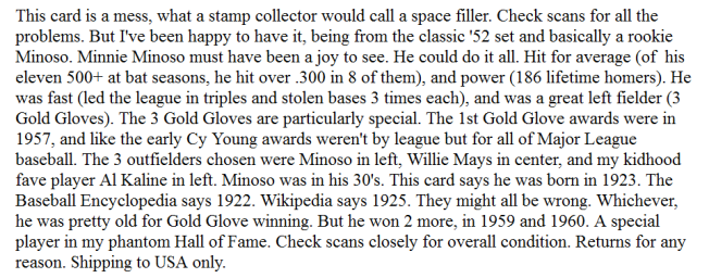 Orestes Minnie Minoso. Chicago White Sox. 1952 Topps 195. Barely acceptable.